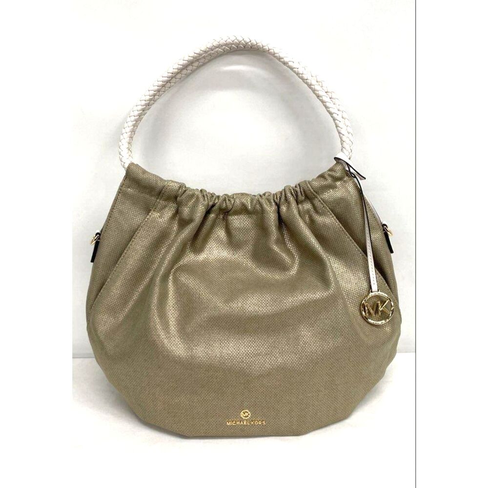 22563  Michael Kors Metallic Gold Woven Fabric Annie Messenger Bag